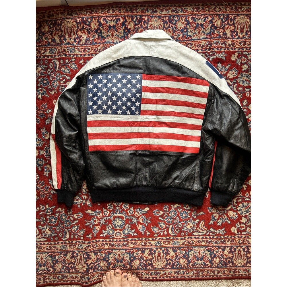 Vtg Michael Hoban Leather Jacket Where MI Size XL USA American Flag Bomber July